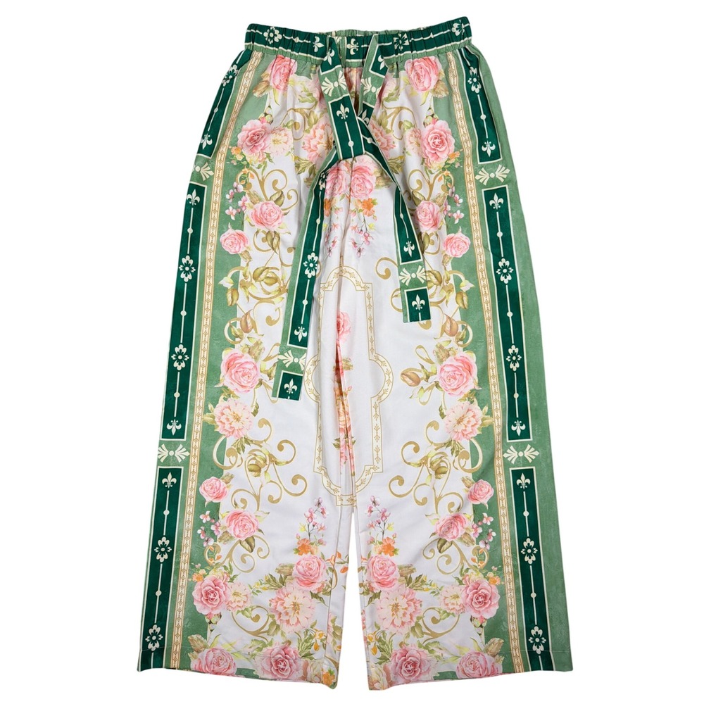 SundayUp Womens Med Green Floral Baroque Wide Leg Palazzo Pants High Waist Belt